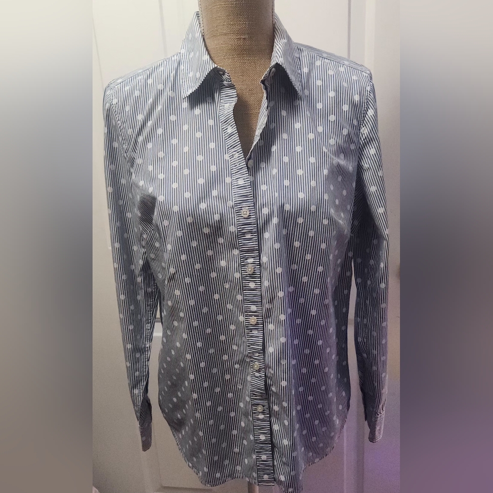 Talbots Pin Stripe Polkadot Blue & White Blouse Size M
